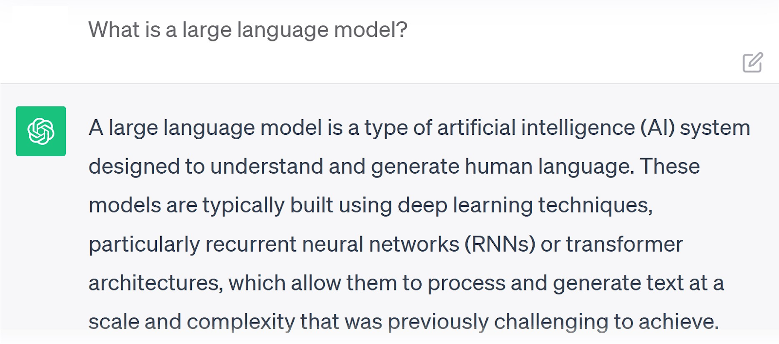 ChatGPT’s response to "What is a large language model?" prompt