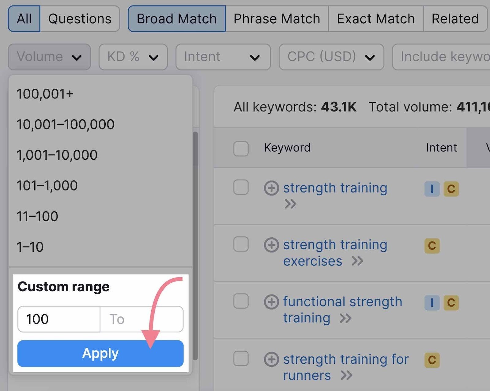 Custom range section highlighted