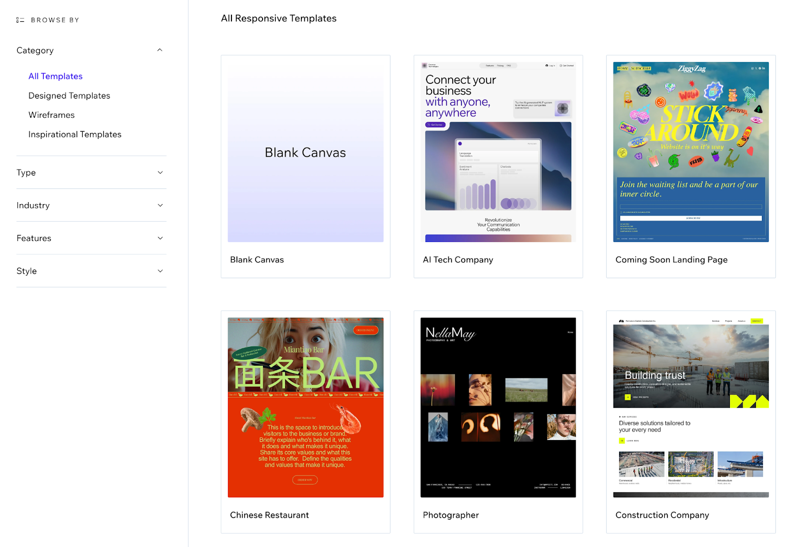 Wix library of responsive templates