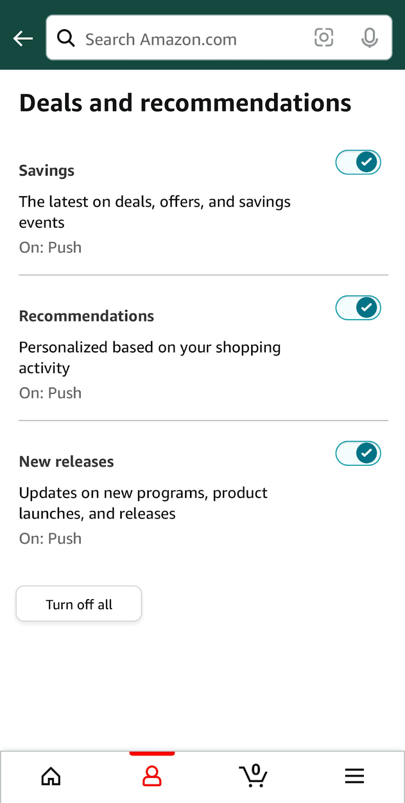 "Deals and recommendations" settings leafage   successful  Amazon app