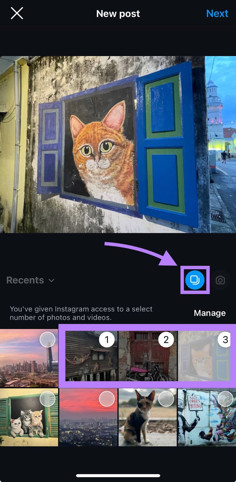 "New post" model   connected  Instagram with the carousel icon clicked and aggregate  images selected for posting.