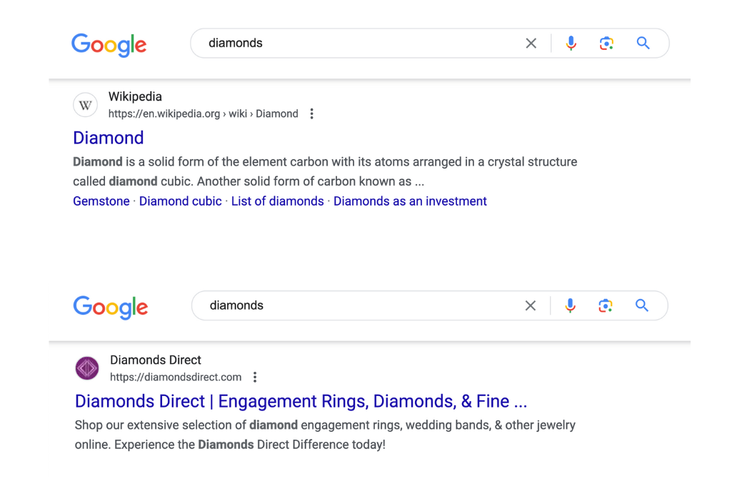 Google SERP results for 'diamonds' keyword