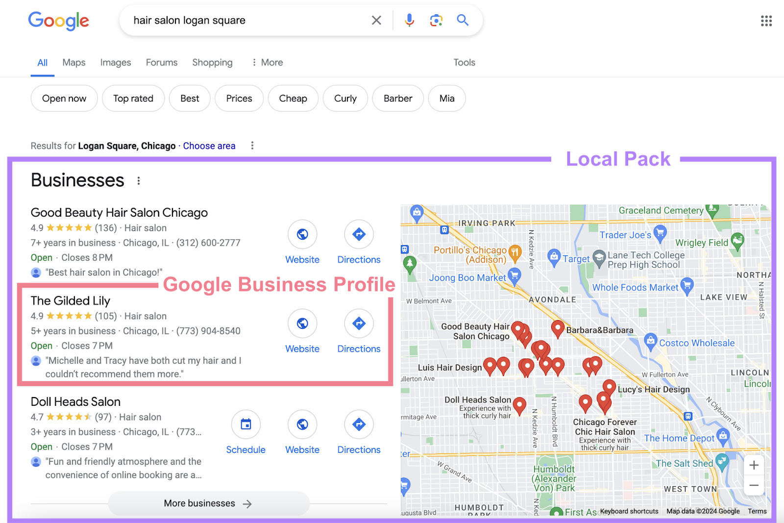 Die Suche nach Friseursalon logan square zeigt local pack ganz oben in der serp mit 3 google business profiles