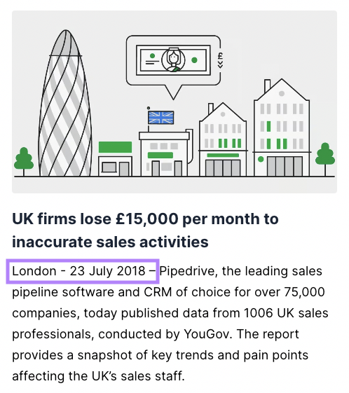 Comunicado de imprensa da Pipedrive com a localização em Londres