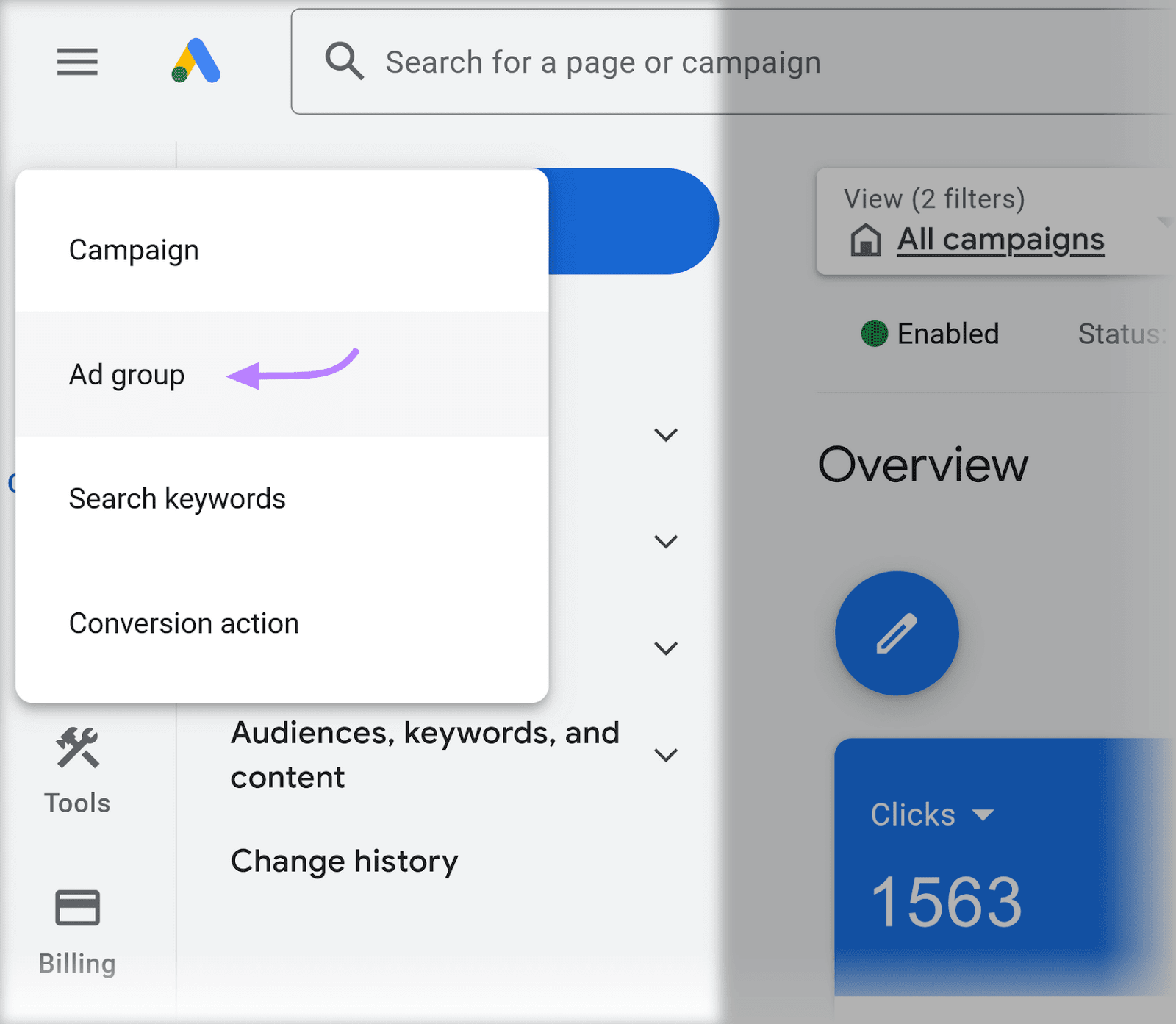 Google Ads idiosyncratic    interface, with the "Create" paper   open, highlighting the "Ad group" option.