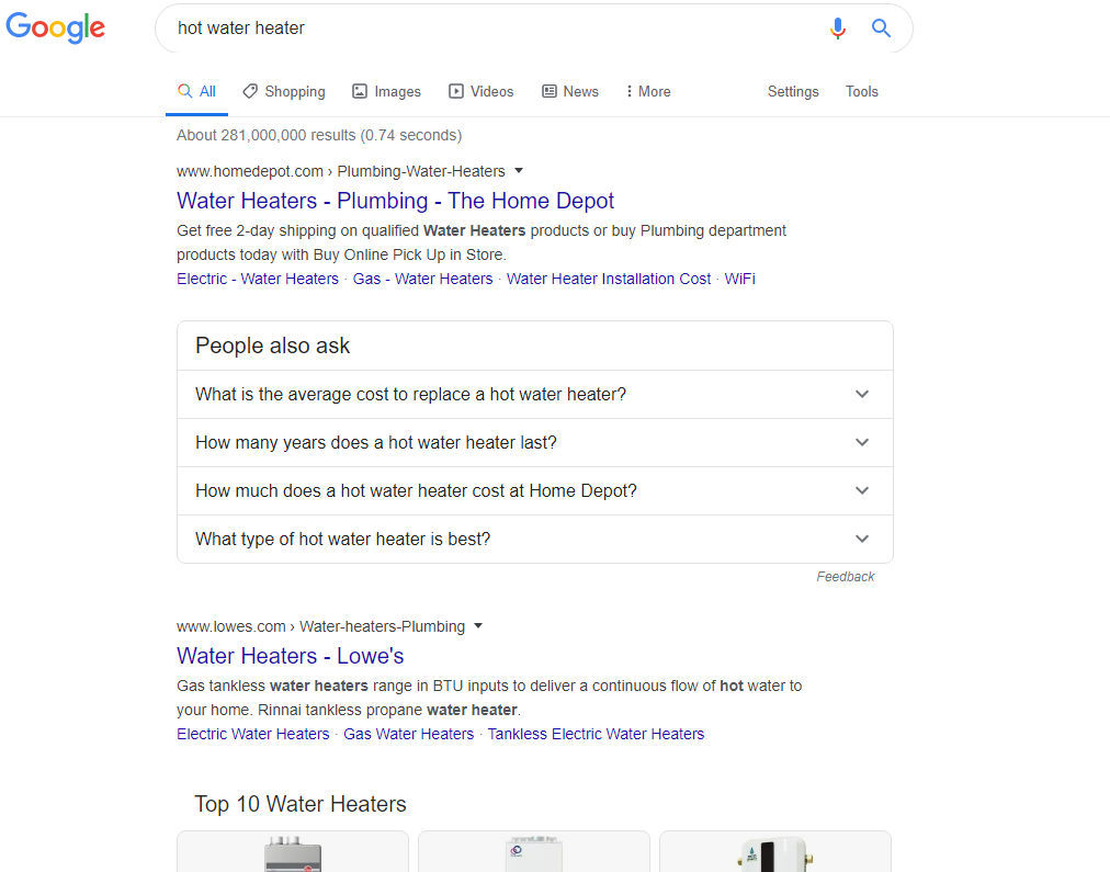 Google SERP results with features including people also ask.