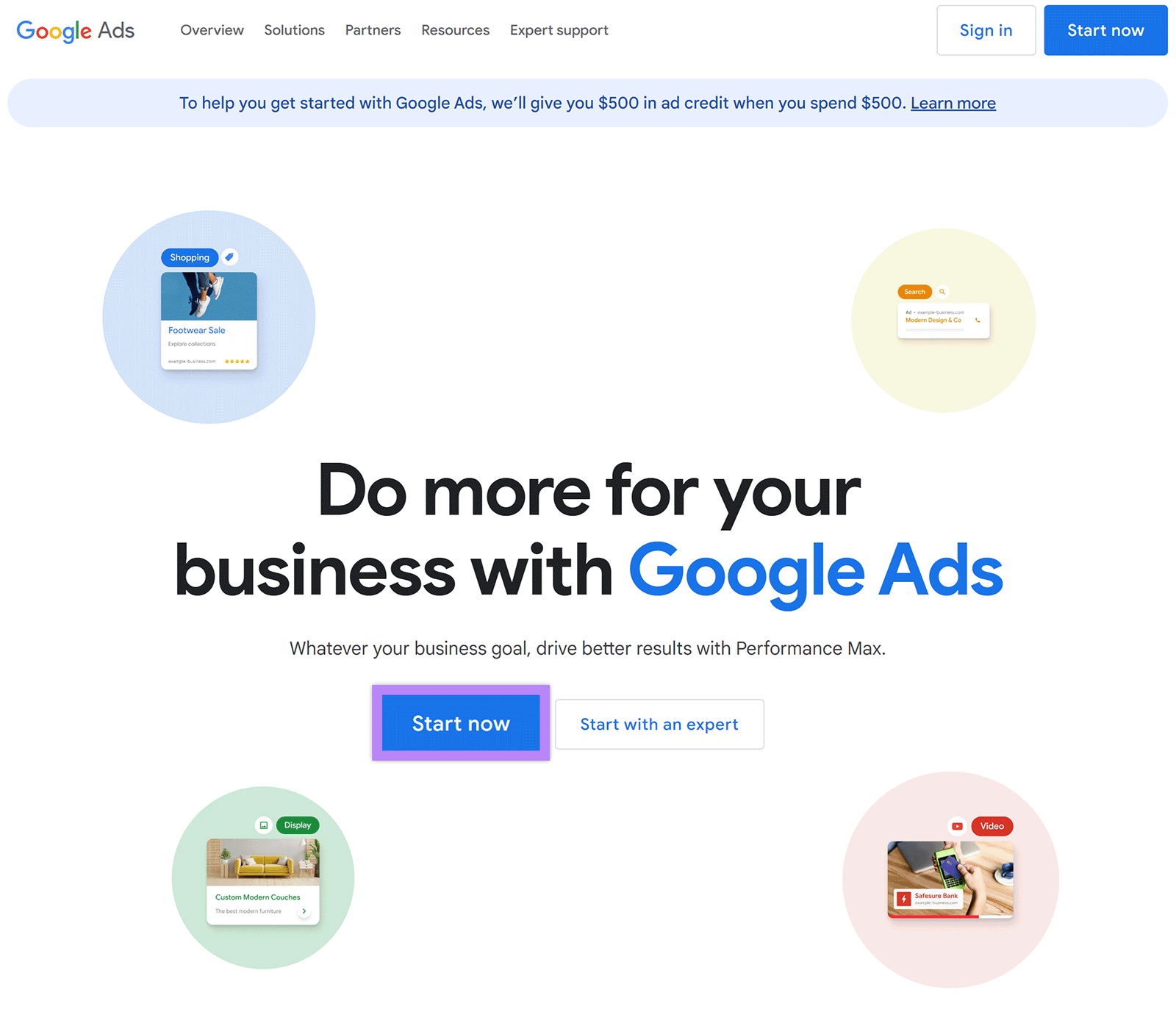 Google Ads start page with the "Start Now" button highlighted