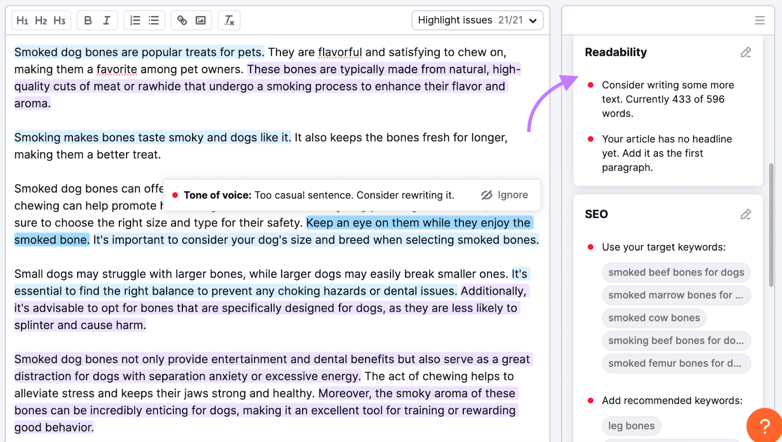 "Readability" score highlighted on the right-hand side in SEO Writing Assistant