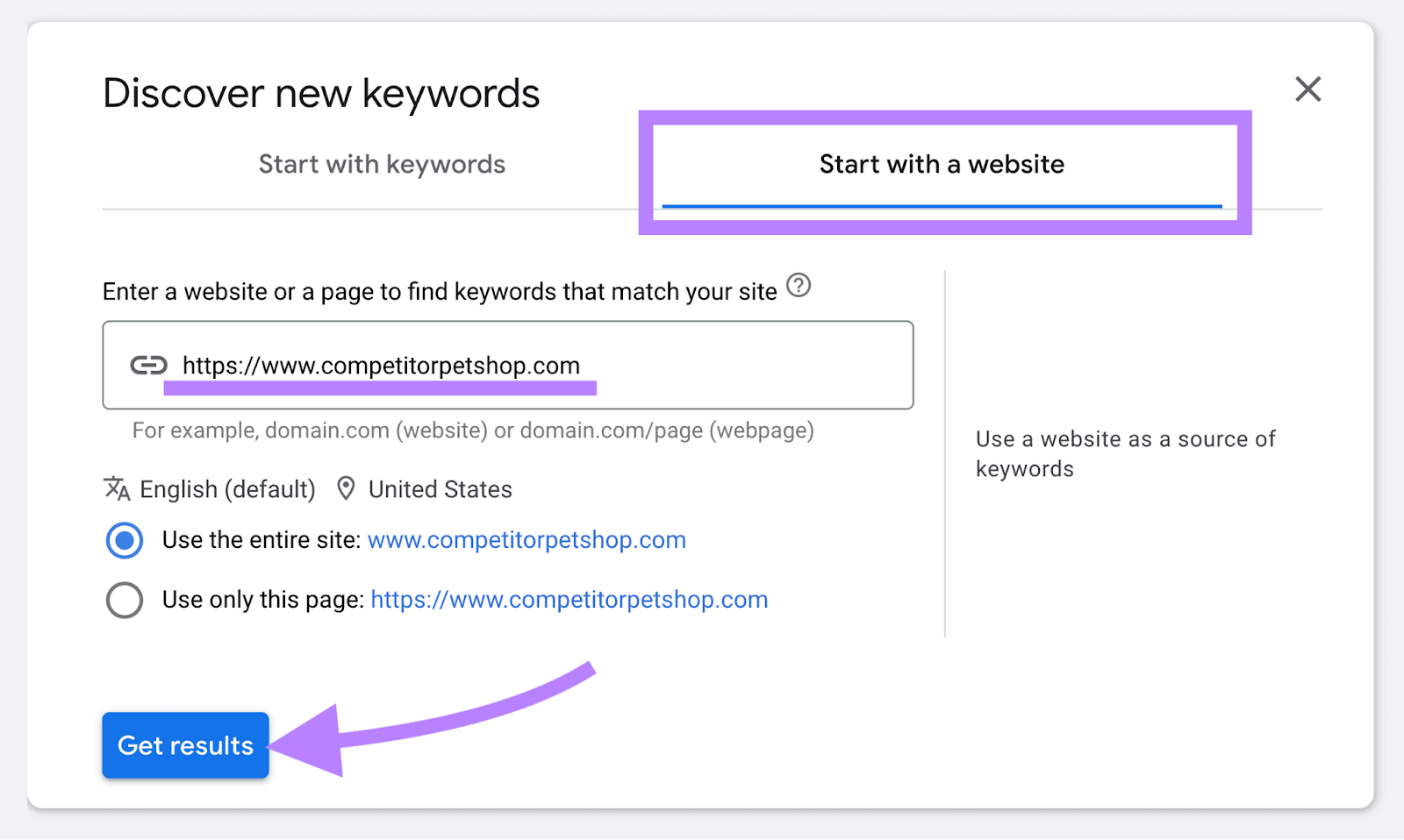 A form within Keyword Planner that lets you discover keywords using a website URL—"https://www.comeptitorpetshop.com" is entered into the URL field