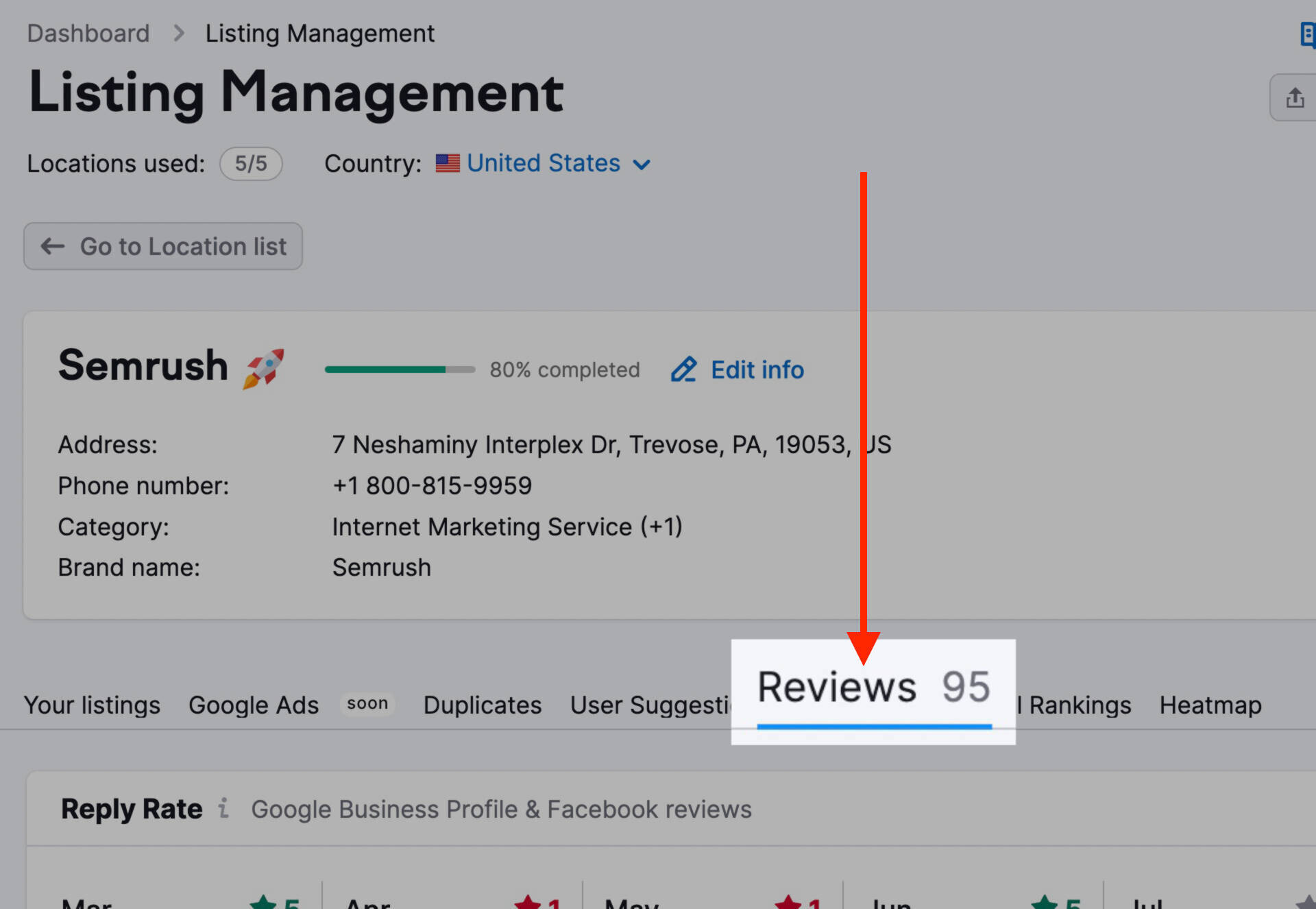 listing management reviews tab