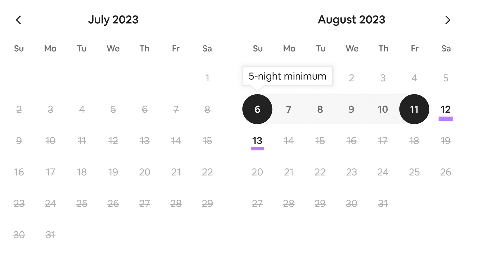 an example of Airbnb calendar showing "5-***** minimum" stay option