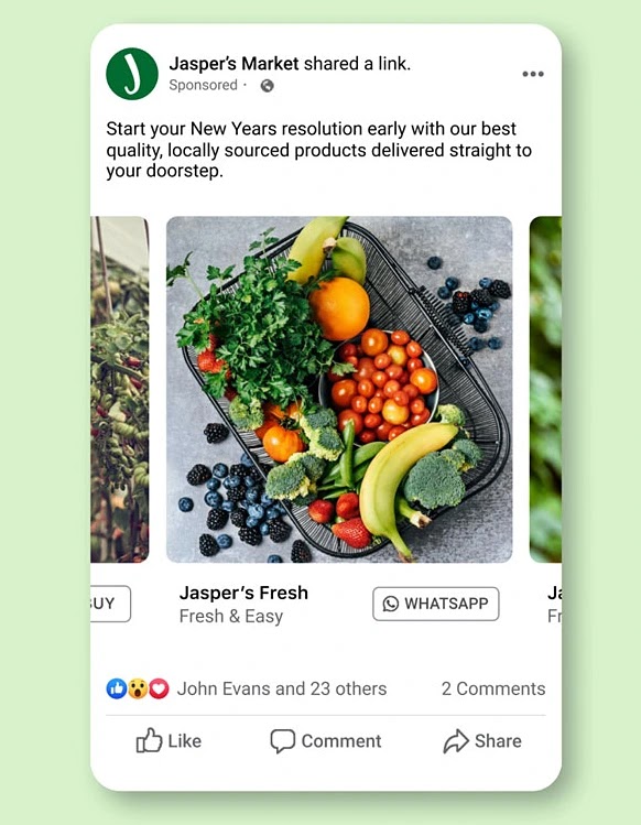 A Facebook ad from Jasper's Market linking to WhatsApp