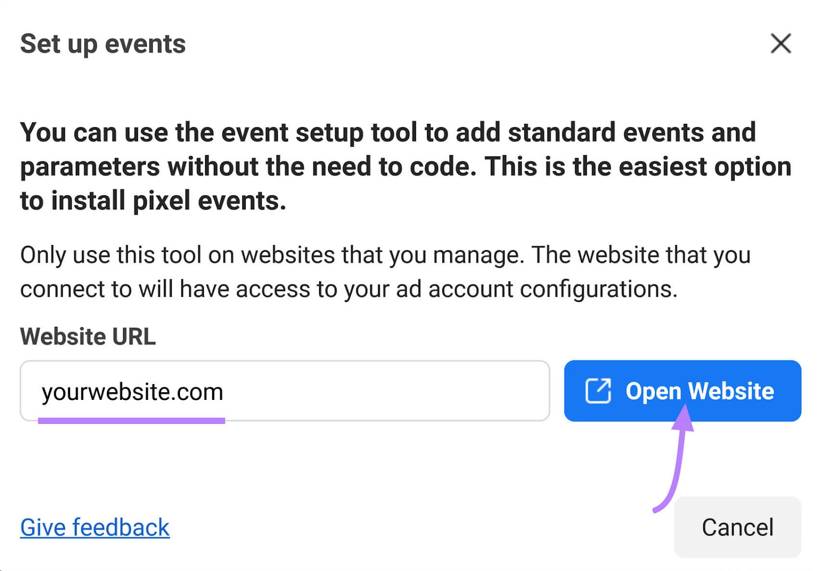 "yourwebsite.com" entered in the "Website URL" field under the "Set up events" window