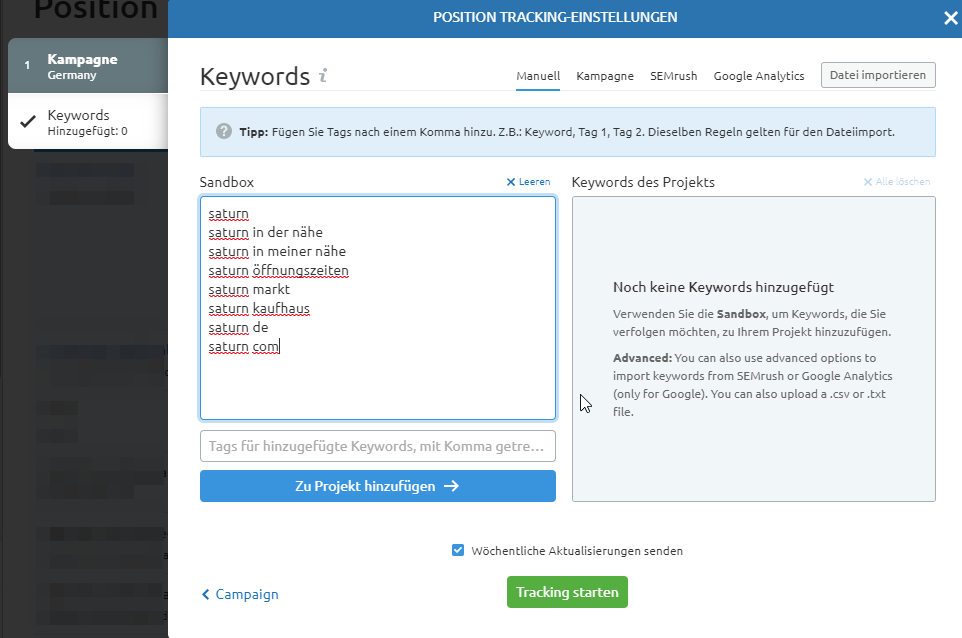 Keyword-Eingabe in Position Tracking