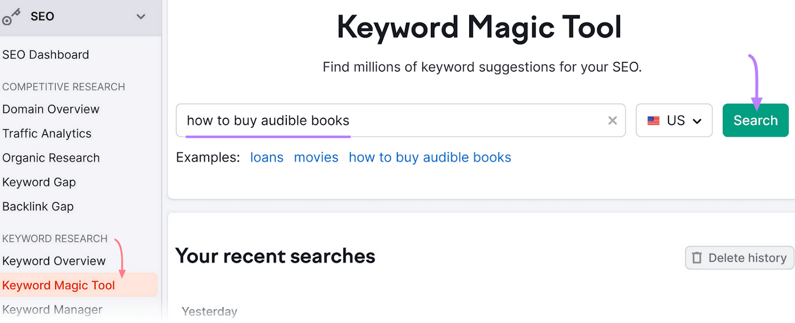 Keyword Magic Tool, with "how to buy audible books" in the text box, the "Search" button highlighted with a purple arrow.