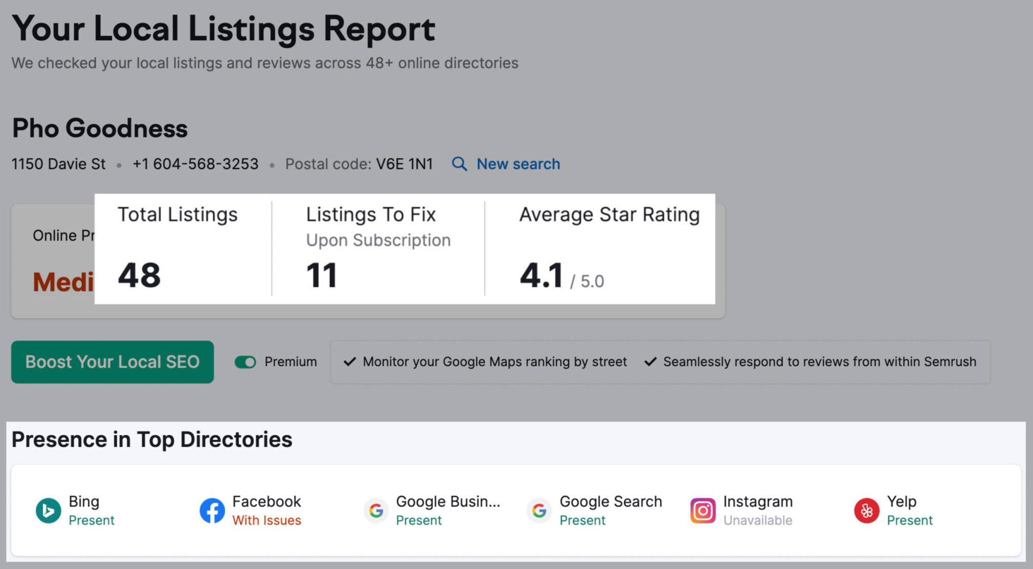 semrush local listing report