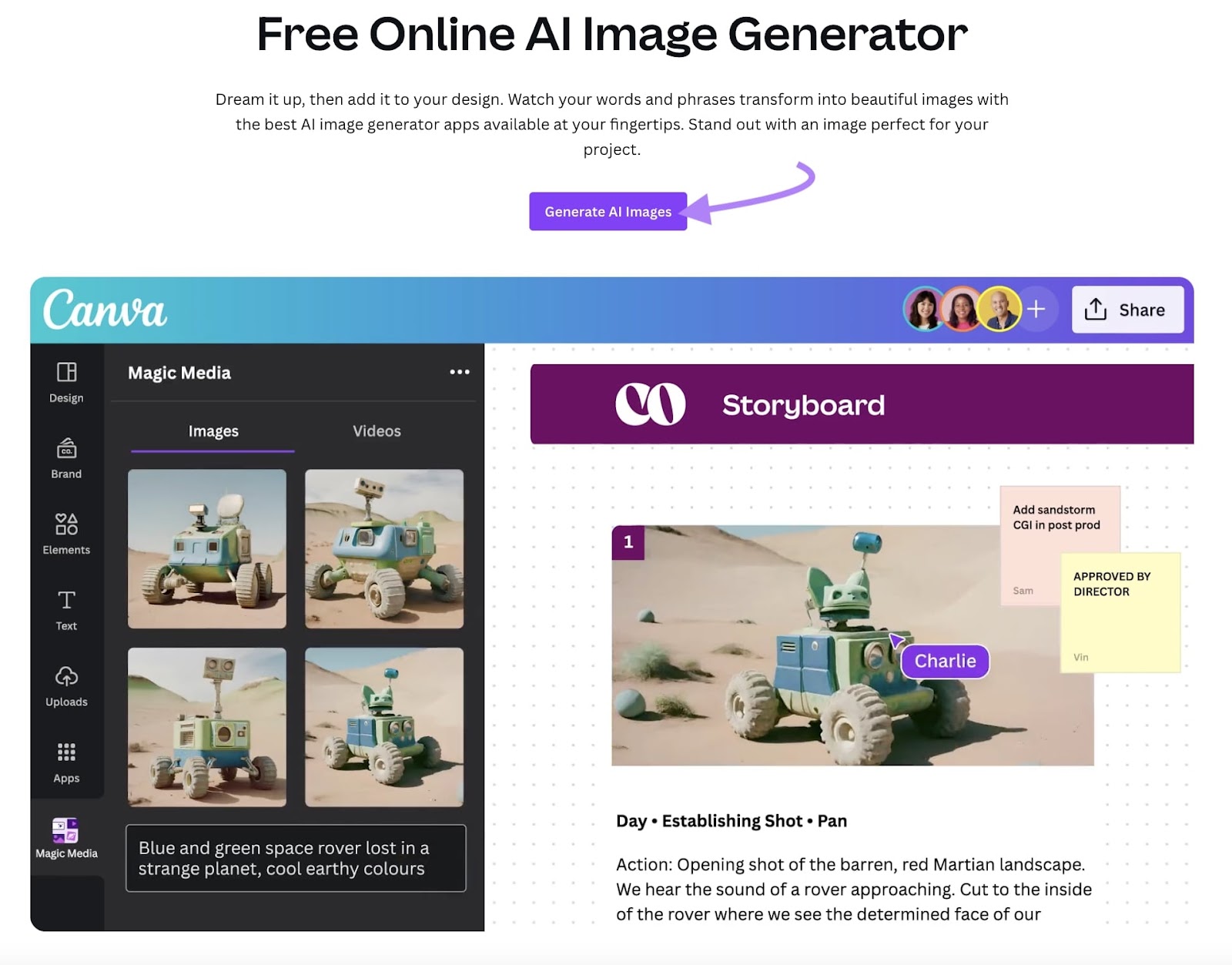 AI Image Generator from Canva showing AI robot image using filmic style