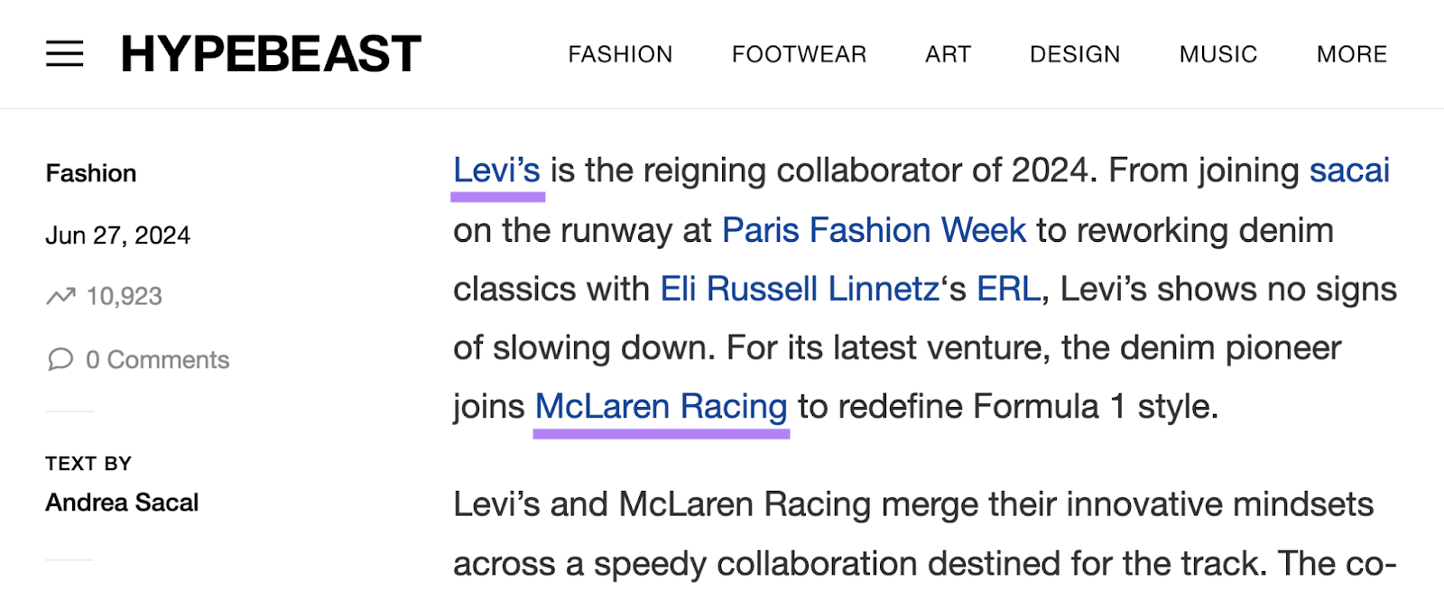 Hypebeast publication mentions Levi's and McLaren in an overview of their collaboration