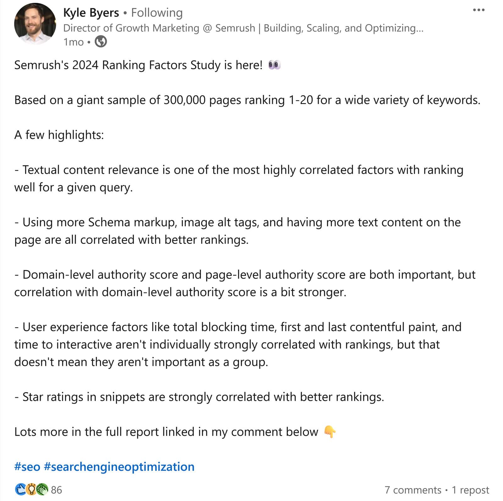 LinkedIn post by Kyle Byers sharing details about Semrush's 2024 Ranking Factors study