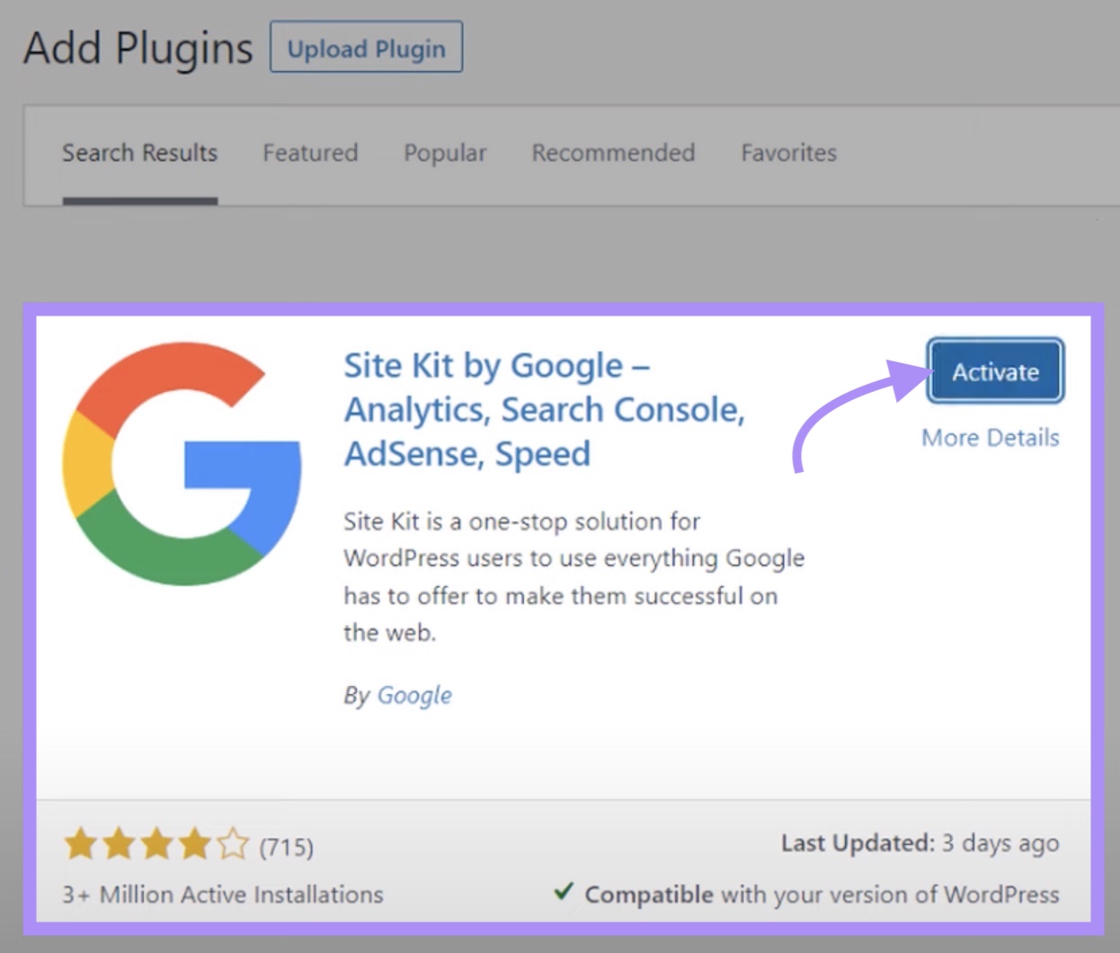 Botón "Activar" seleccionado junto al plugin Site Kit by Google
