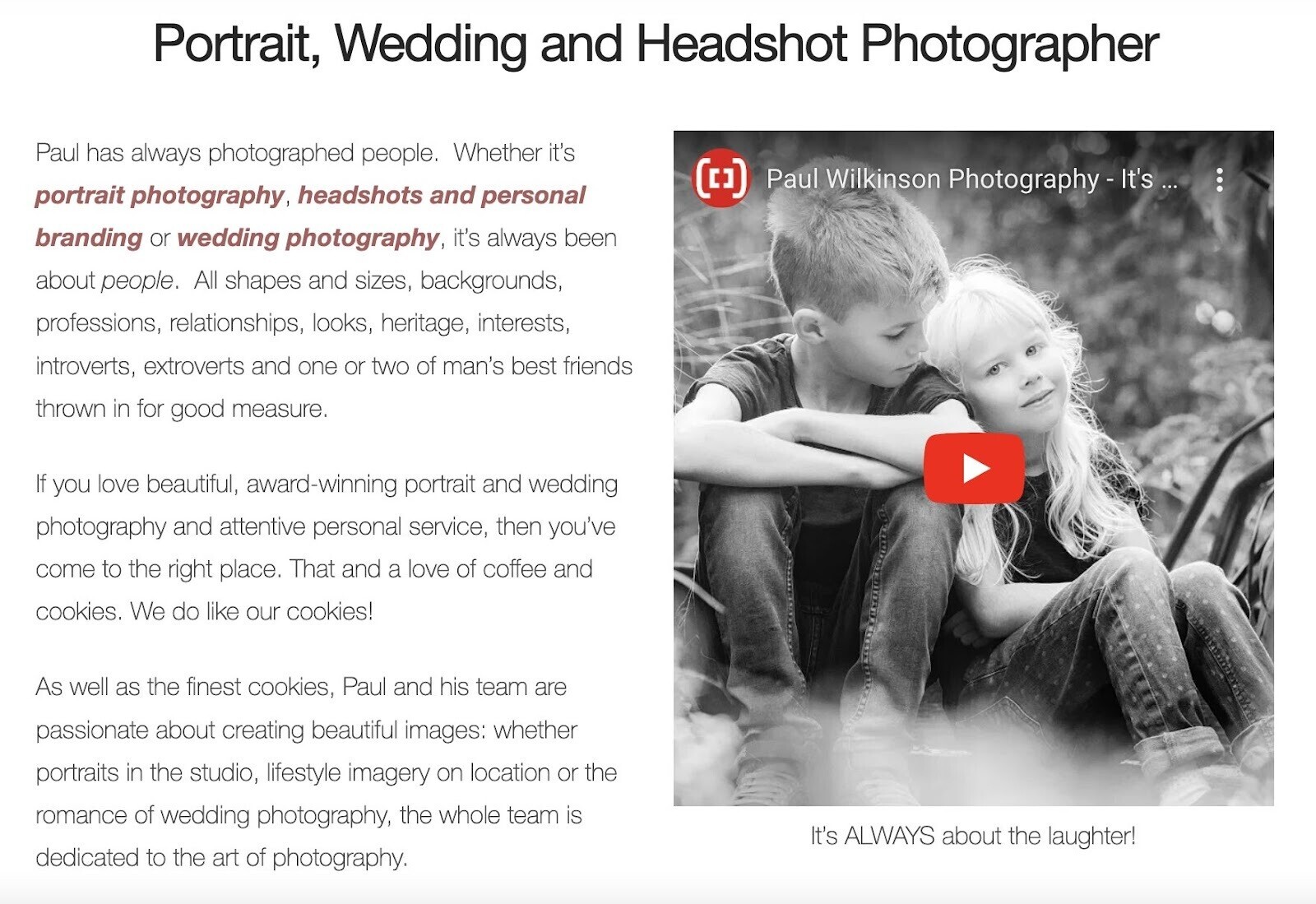"Portrait, Wedding and Headshot Photographer" page by Paul Wilkinson