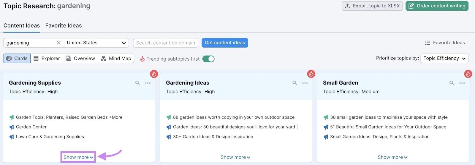 "Content ideas" tab in Topic Research