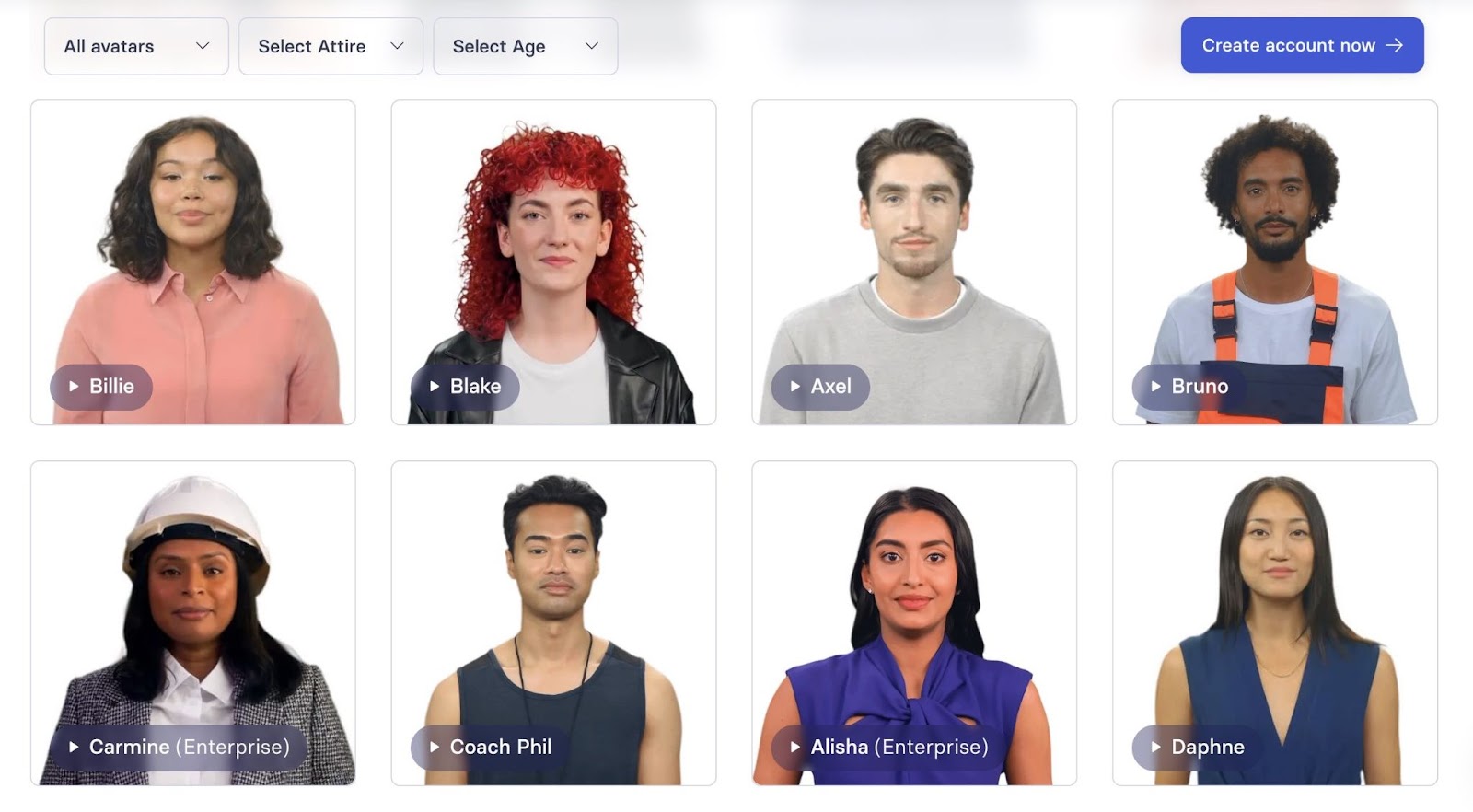 AI Avatars page on Synthesia showing different options to choose from along with filters for attire and age.