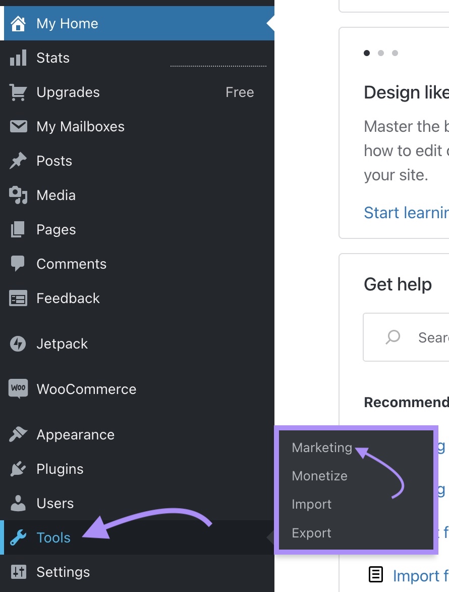 Navegando hasta "Herramientas" > "Marketing" en el menú de WordPress