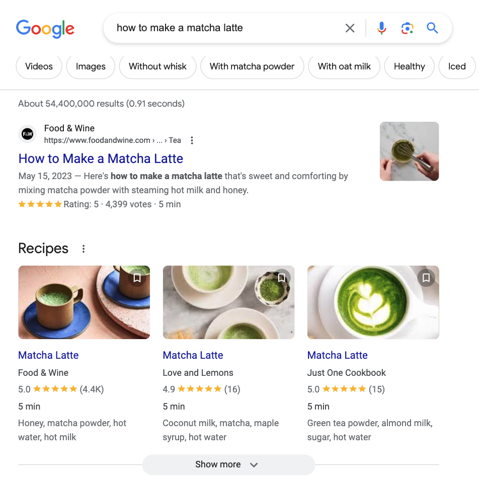 Google SERP for "how to make a matcha latte" query