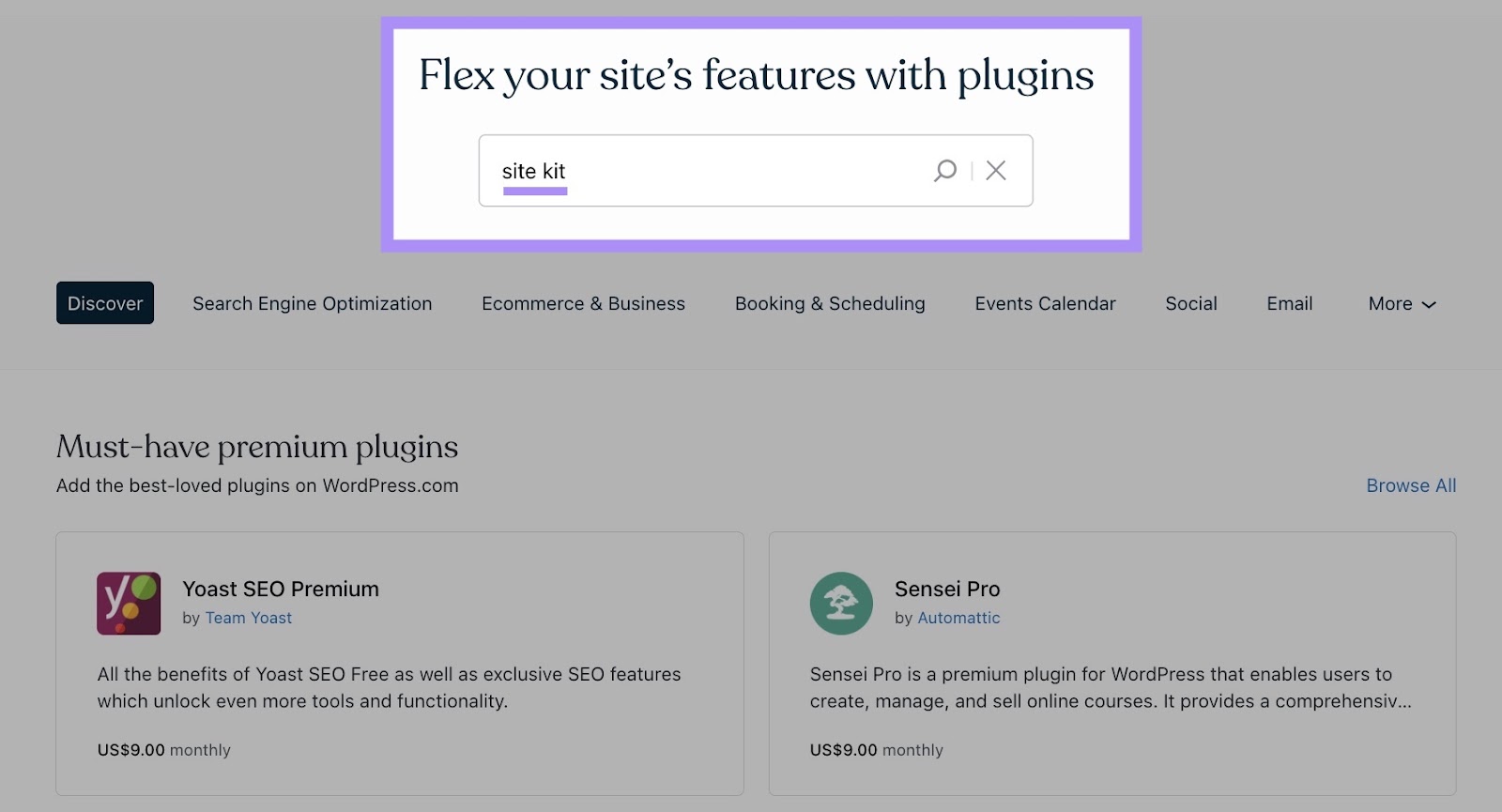 Searching for "site kit" connected  Wordpress plugins page