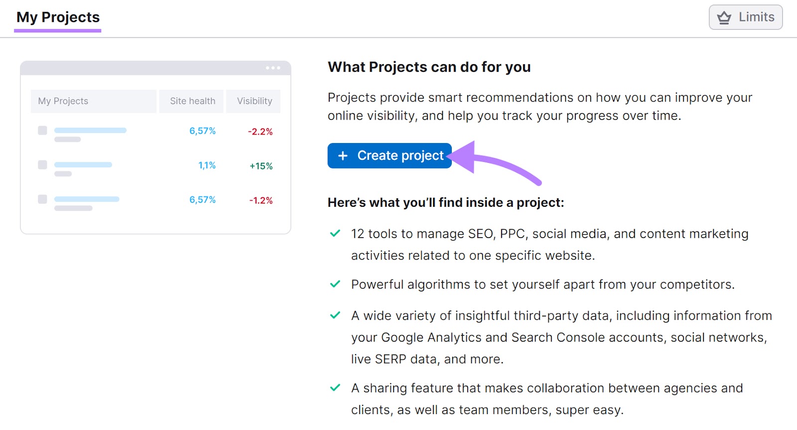 "+ Create project" fastener  connected  SEO dashboard