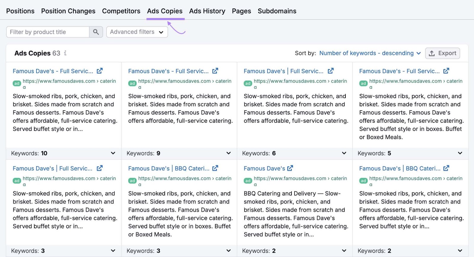 Ads Copies reports on Advertising Research showing the different copy a competitor uses in their ads.