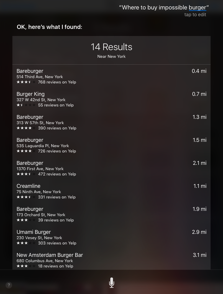 Apple's Siri answer to the local search query "Where to buy impossible burger"