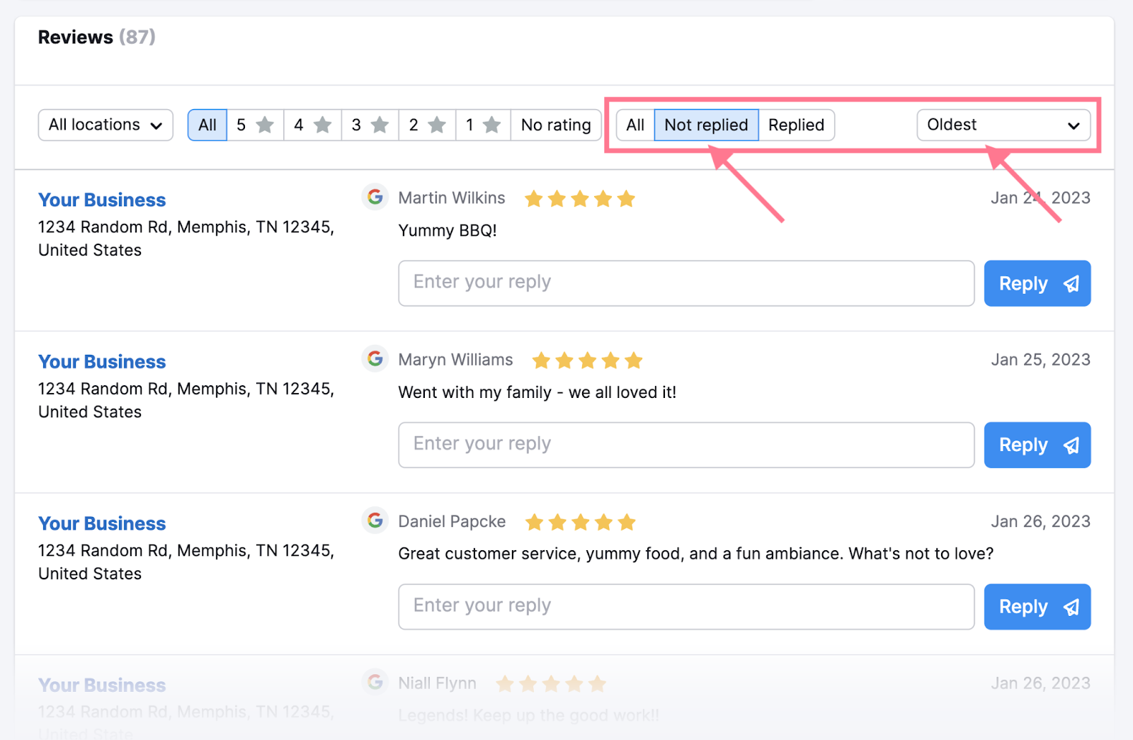 Filters in Semrush’s Review Management tool