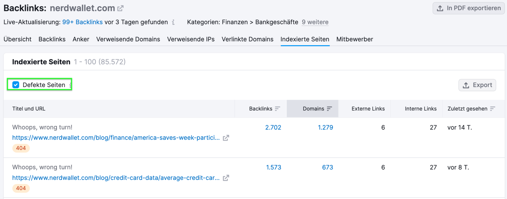 Semrush Beispiel defekte Seiten