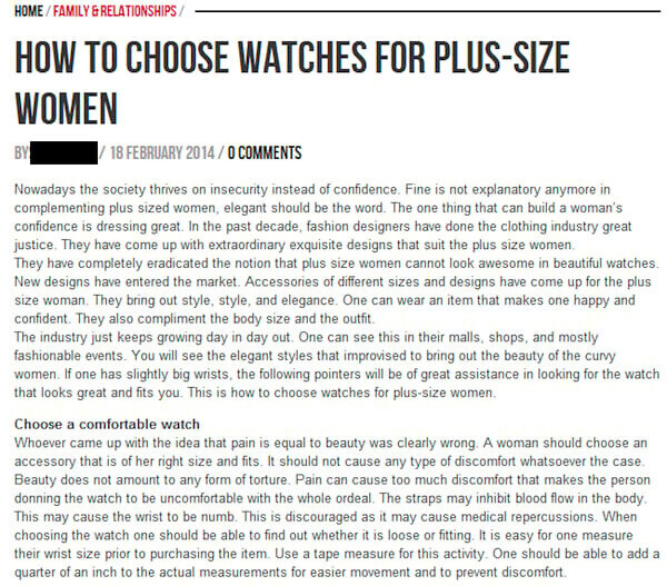 Un articolo scritto male su "Come scegliere gli orologi per le donne plus-size".