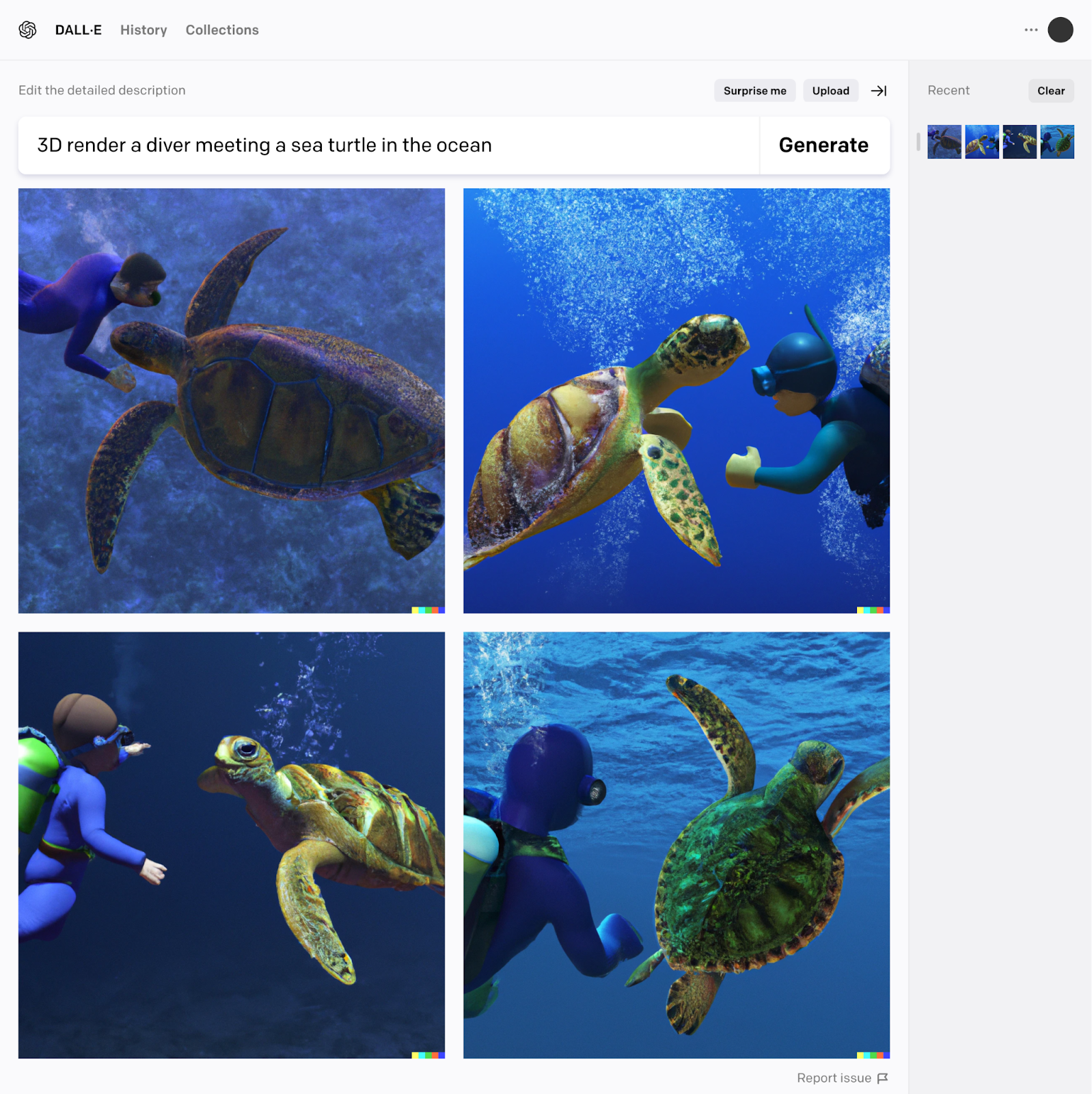 DALL-E results for “3D render a diver meeting a sea turtle in the ocean” prompt
