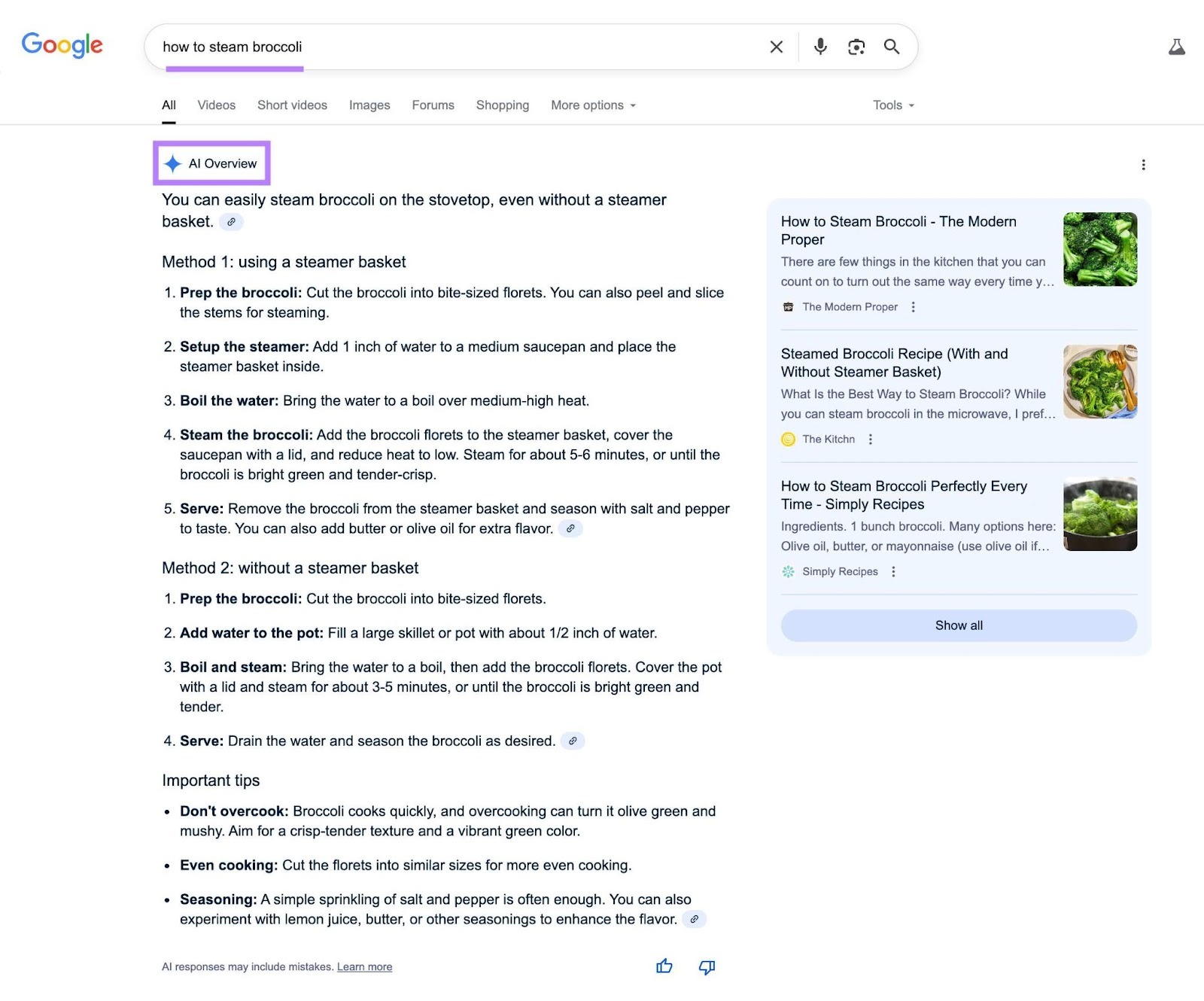 A Visão Geral da IA aparece no topo da página de resultados da pesquisa para a consulta "como cozinhar brócolis no vapor".