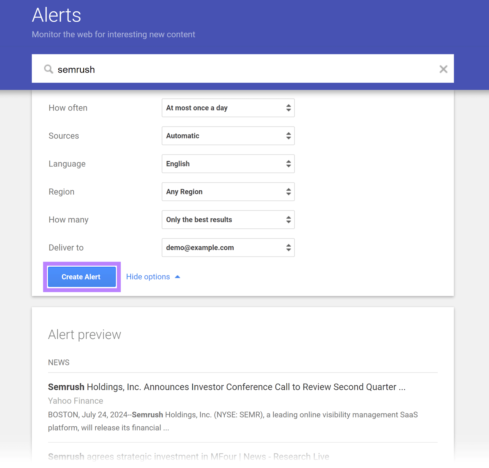 Google Alerts creation page for 'semrush' with 'Create Alert' button highlighted