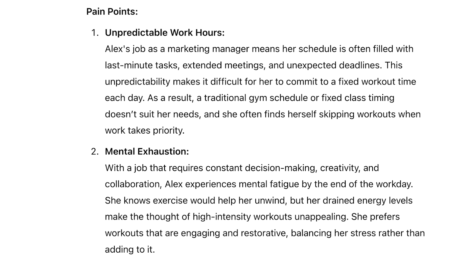 The response dives deeper into pain points such as unpredictable work hours and mental exhaustion.