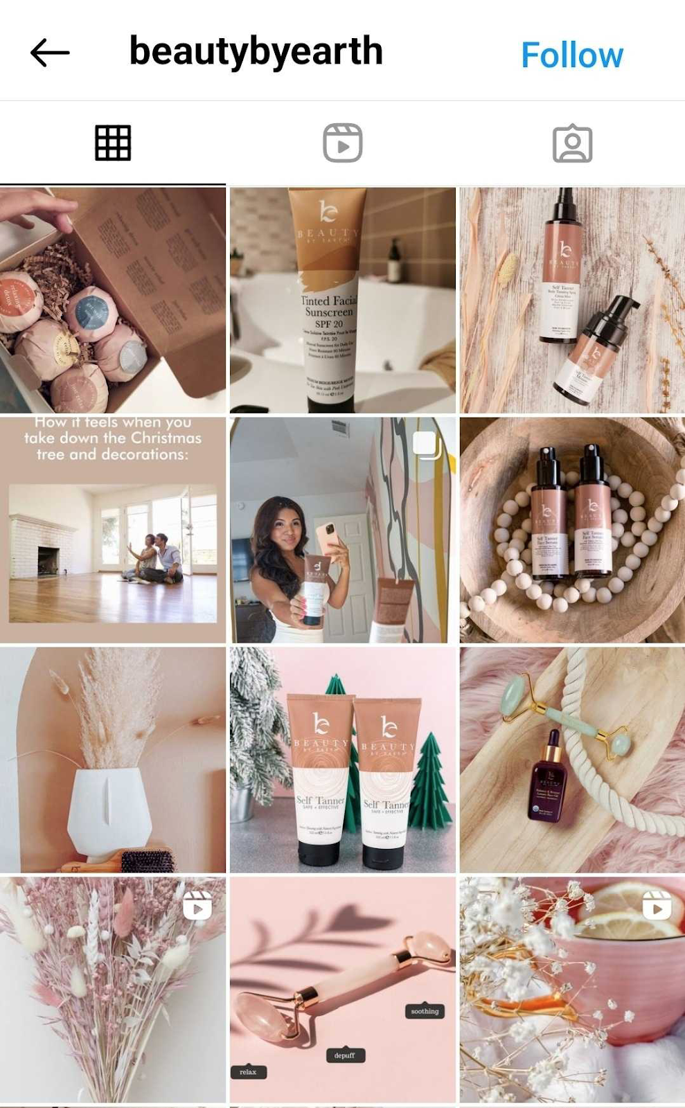 Instagram feed of skincare company Beauty By Earth showing their products.