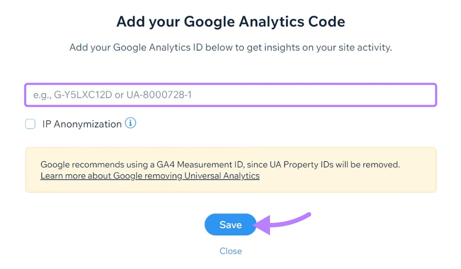Enter Google Analytics ID and "Save"