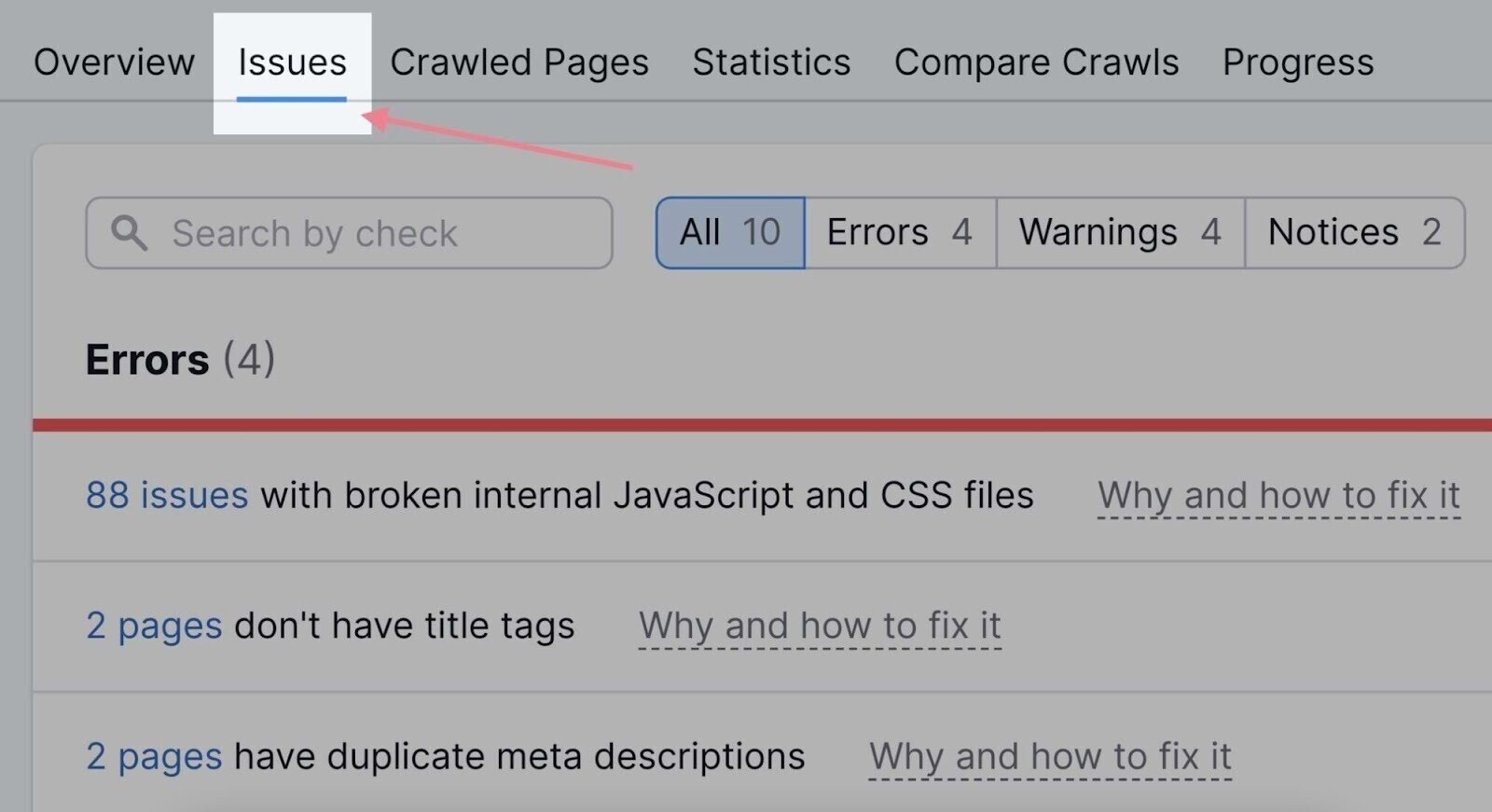 “Issues” tab in Site Audit shows all your site’s problems in one place