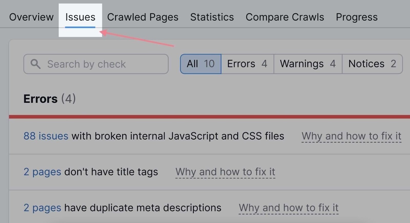 “Issues” tab in Site Audit s،ws all your site’s problems in one place