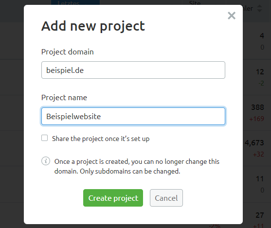 Screenshot: Domain und Projektname eingeben