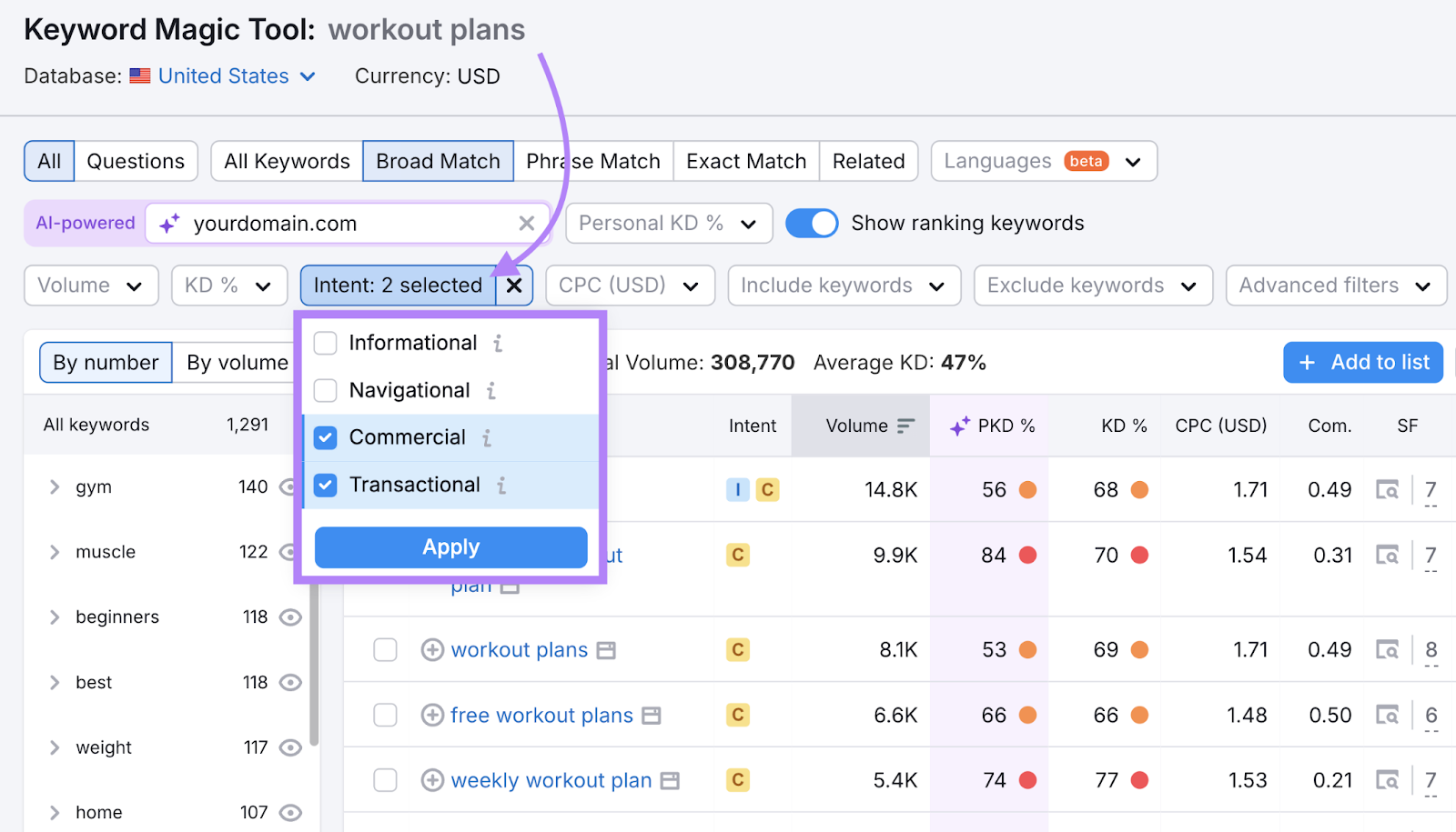 search intent filter highlighted