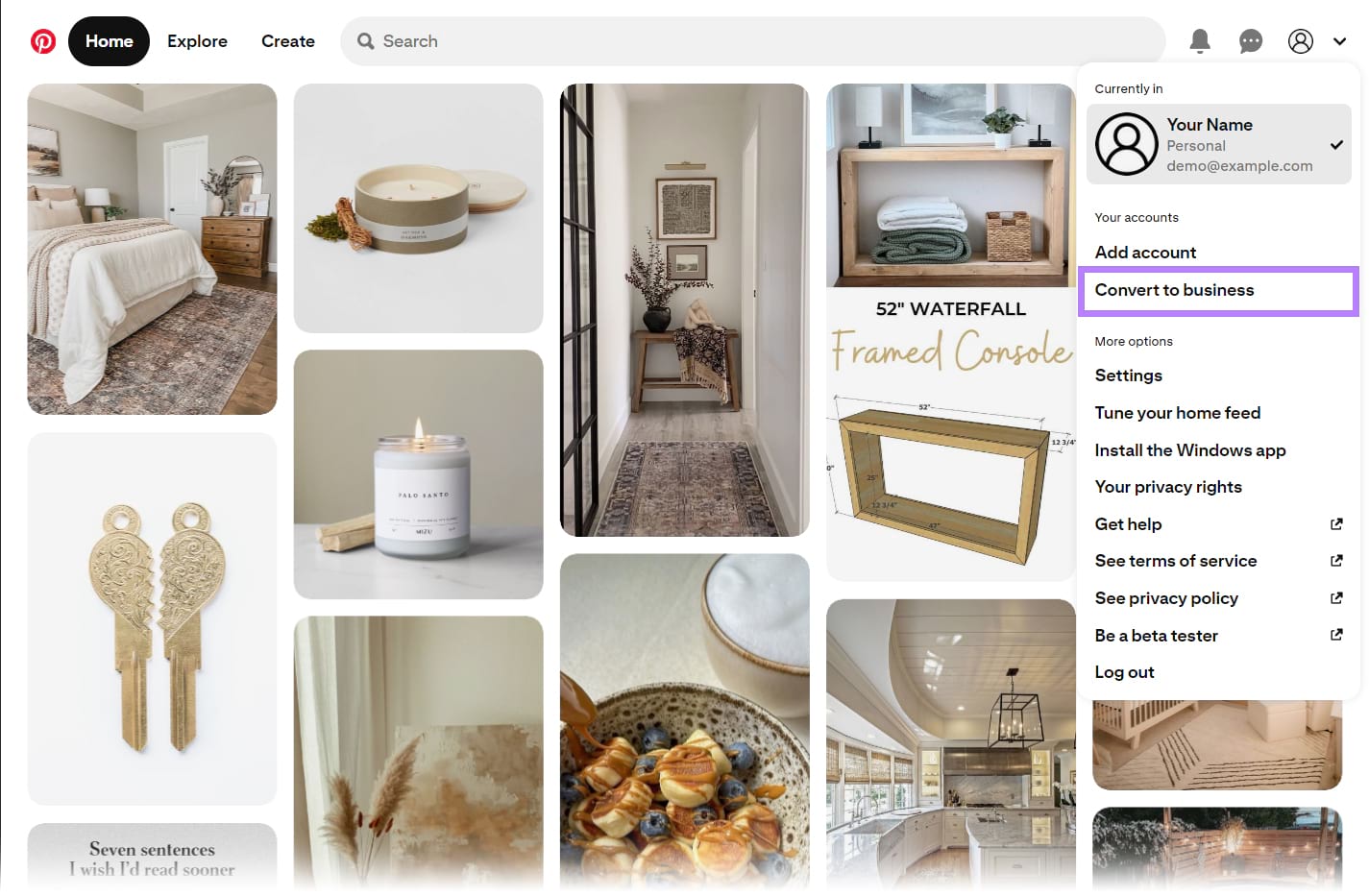 Pinterest dashboard showing the option to convert your personal account to a business account.