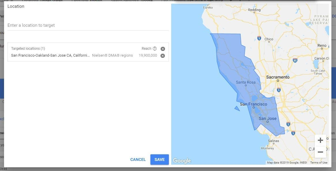 screenshot of google ads location function