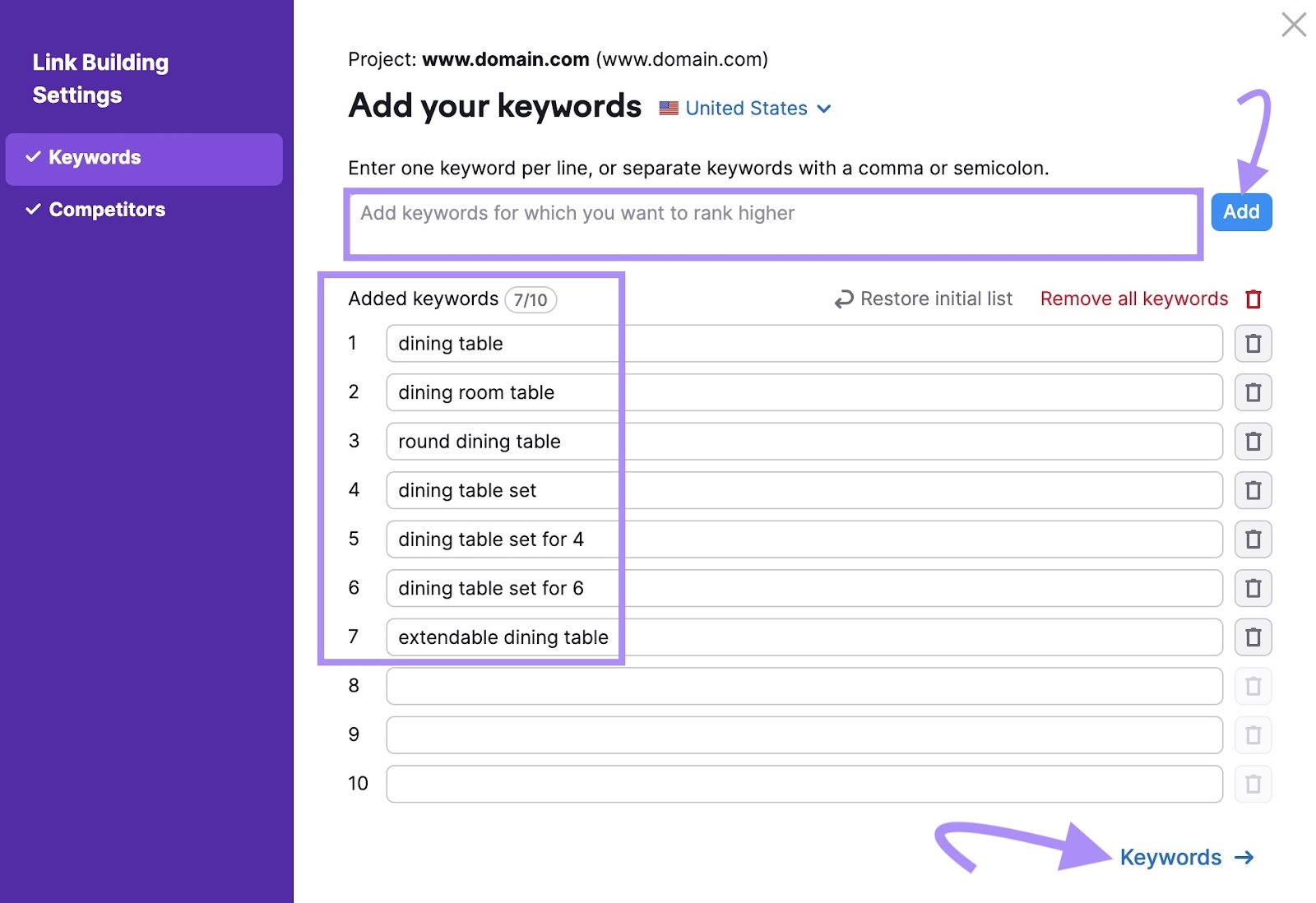 "Add your keywords" model   successful  Link Building Tool settings