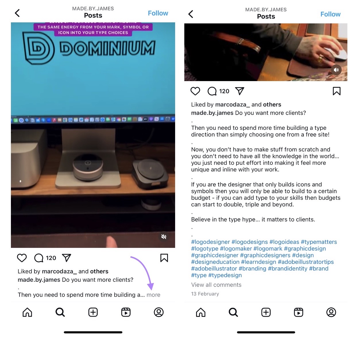 Instagram post on the feed with the truncated caption on the left and the complete caption on the right after clicking "more".